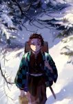  1boy belt brown_hair buckle checkered closed_mouth commentary_request day earrings facial_scar forehead_scar haori highres holding japanese_clothes jewelry kamado_tanjirou katana kimetsu_no_yaiba long_sleeves male_focus outdoors scar sheath sheathed short_hair smile snow snowing solo standing sword taro-k tree walking weapon 