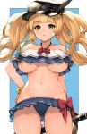  1girl :o ass_visible_through_thighs bandaid bandaid_on_face bangs bare_arms bare_shoulders bikini bikini_skirt black_headwear blonde_hair blue_bikini blunt_bangs blush bow breasts breasts_apart collarbone commentary_request cowboy_shot eyebrows_visible_through_hair flower_bracelet granblue_fantasy green_eyes groin hand_on_hip hat_feather hat_ornament highres holding koretsuki_azuma large_breasts layered_bikini long_hair looking_at_viewer monika_weisswind navel parted_lips red_bow solo stomach swimsuit thighs twintails underboob 