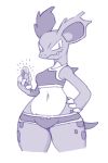  2:3 anthro anthrofied blue_and_white claws clothed clothing hands_on_hips hi_res monochrome nidorina nintendo pok&eacute;mon pok&eacute;mon_(species) scales shyguy9 simple_background skimpy smile sportswear video_games white_background wide_hips 