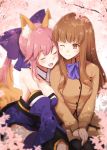  2girls animal_ear_fluff animal_ears bangs bare_shoulders blue_bow blue_kimono blush bow breasts brown_eyes brown_hair brown_jacket brown_skirt cleavage closed_eyes detached_collar fang fate/extra fate_(series) fox_ears fox_girl fox_tail hair_bow hug jacket japanese_clothes kimono kishinami_hakuno_(female) kurikara large_breasts long_hair long_sleeves multiple_girls open_mouth pink_hair school_uniform sidelocks skirt smile tail tamamo_(fate)_(all) tamamo_no_mae_(fate) tsukumihara_academy_uniform_(fate/extra) twintails 