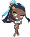  1girl :d belly_chain black_hair blue_eyes blue_hair chibi commentary_request dark_skin earrings eyelashes gloves gym_leader hair_bun holding holding_poke_ball hoop_earrings jewelry ka_zhi long_hair makeup multicolored_hair navel necklace open_mouth outstretched_arm poke_ball poke_ball_(basic) pokemon pokemon_(game) pokemon_swsh rurina_(pokemon) sandals smile solo two-tone_hair w 