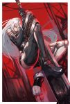  1girl android bare_shoulders black_gloves black_legwear blue_eyes breasts elbow_gloves gloves highres huge_weapon joints larribee long_hair looking_at_viewer medium_breasts mole mole_under_mouth nier_(series) nier_automata red_background robot_joints shorts silver_hair solo sword thighhighs weapon yorha_type_a_no._2 