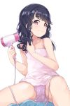  1girl animal_print bangs bare_arms bare_shoulders black_hair bunny_print cable commentary_request crotch drying drying_hair fukumaru_koito hair_dryer highres hiroki_(yyqw7151) holding_hair_dryer idolmaster idolmaster_shiny_colors long_hair looking_at_viewer panties pink_camisole pink_panties print_panties purple_eyes solo spaghetti_strap spread_legs underwear 