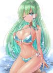  1girl ;) aqua_bikini bangs bare_arms bare_shoulders barefoot bikini blue_eyes breasts eyebrows_visible_through_hair frog_hair_ornament green_hair hair_ornament kneeling kochiya_sanae large_breasts long_hair looking_at_viewer navel one_eye_closed simple_background smile snake_hair_ornament solo stomach swimsuit tan tanline thighs touhou very_long_hair white_background y2 