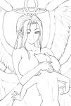  1boy 1girl angel angel_wings bangs between_breasts breasts closed_mouth commentary english_commentary feathered_wings greyscale halo head_between_breasts height_difference ilias large_breasts long_hair luka_(mon-musu_quest!) maritan_(pixelmaritan) mon-musu_quest! monochrome multiple_wings navel nude parted_bangs pointy_ears seraph slit_pupils smile wings 