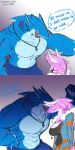  1:2 anthro anthrofied blue_body blue_eyes blush bodily_fluids breasts claws clothed clothing collar dialogue dialogue_box duo fan_character fangs female fish hi_res horn male male/female marine multicolored_body muscular muscular_anthro muscular_male open_mouth open_smile pink_body scar shark simple_background smile sweat two_tone_body vipery-07 white_body 