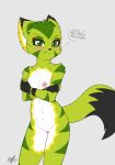  2020 anthro blush breasts carol_tea clothing dipstick_tail drefurr felid feline felis female fingerless_gloves freedom_planet freedom_planet_2 fur genitals gloves gloves_only green_body green_eyes green_fur grey_background handwear hi_res mammal multicolored_tail navel nipples nude pussy simple_background small_breasts solo video_games wildcat 