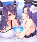  1girl alternate_sleeve_length bikini black_bikini blue_sky breasts closed_eyes cloud commentary_request drinking_straw eyepatch headgear kantai_collection kozu_(bloomme1_me) large_breasts long_hair mechanical_halo purple_hair shared_drink sipping sky solo swimsuit tatsuta_(kantai_collection) tenryuu_(kantai_collection) upper_body white_bikini yellow_eyes 