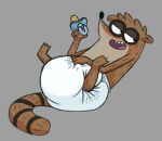  2020 3_toes 4_fingers anthro bedroom_eyes black_nose brown_body brown_fur cartoon_network diaper fingers fur hi_res legs_up lying male mammal narrowed_eyes on_back open_mouth pacifier procyonid raccoon regular_show rigby_(regular_show) seductive simple_background solo striped_tail stripes teeth tenerius toes tongue touching_diaper white_diaper 