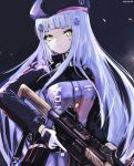  1girl artist_name assault_rifle bangs beret black_headwear blue_hair breasts commentary_request girls_frontline gloves green_eyes gun h&amp;k_hk416 hair_ornament hat hk416_(girls_frontline) holding holding_gun holding_weapon jacket long_hair long_sleeves looking_at_viewer medium_breasts nekoya_(liu) parted_lips purple_jacket rifle signature solo trigger_discipline upper_body very_long_hair weapon white_gloves 