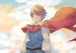  1boy belt blue_eyes blue_tunic brown_eyes brown_hair butz_klauser cape cloud cloudy_sky final_fantasy final_fantasy_v hair_between_eyes leaf leaves_in_wind looking_at_viewer pudding_1106 red_cape sky solo translation_request wind wind_lift 