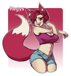 2020 5_fingers abs animal_humanoid athletic athletic_female athletic_humanoid blush bottomwear breasts canid canid_humanoid canine canine_humanoid clothing female fingers fox_humanoid hair humanoid inner_ear_fluff kdhynamo looking_at_viewer mammal mammal_humanoid open_mouth red_eyes red_hair regys_(carp) shirt short_hair shorts simple_background smile solo stretching tank_top topwear tuft 