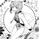  1girl absurdres anchor bangs eyebrows_visible_through_hair flower greyscale headgear highres hood hood_down hoodie jacket kantai_collection long_sleeves mogamiya_honu monochrome name_tag one-piece_swimsuit open_mouth seashell shell short_hair solo sparkle sunflower swimsuit yukikaze_(kantai_collection) 
