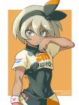  1girl artist_name bangs black_bodysuit black_hairband bodysuit bodysuit_under_clothes closed_mouth collared_shirt commentary_request covered_navel dynamax_band eyelashes grey_eyes grey_hair gym_leader hair_between_eyes hairband hand_on_own_cheek hand_up looking_at_viewer peron_(niki2ki884) pokemon pokemon_(game) pokemon_swsh print_shirt print_shorts saitou_(pokemon) shirt short_hair short_sleeves shorts solo tied_shirt two-tone_background 