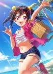  1girl :d \m/ arm_up basket beach black_hair blue_shorts blush commentary_request day double_\m/ eyewear_on_head glint hair_ornament hair_scrunchie highres horizon jacket leg_up light_rays looking_at_viewer love_live! love_live!_school_idol_project midriff navel ocean_bottom off_shoulder open_clothes open_jacket open_mouth outdoors palm_tree pink_footwear pink_jacket purple_eyes red-framed_eyewear scrunchie short_shorts short_sleeves shorts sidelocks single_bare_shoulder smile solo standing standing_on_one_leg stomach striped sunbeam sunglasses sunlight tareme tree twintails upper_teeth wedo yazawa_nico zipper_pull_tab 