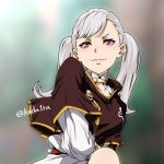 1girl black_clover breasts capelet choker closed_mouth collarbone koda1ra long_hair long_sleeves looking_at_viewer medium_breasts noelle_silva purple_eyes silver_hair simple_background smile solo solo_focus twintails twitter_username 