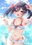  1girl :d arm_up armpits ayuma_sayu bare_shoulders bikini black_hair breasts cloud commentary_request cowboy_shot day hair_between_eyes halterneck hand_up highres long_hair looking_at_viewer love_live! love_live!_school_idol_project navel ocean open_mouth outdoors red_bikini red_eyes side-tie_bikini sidelocks sky small_breasts smile solo stomach swimsuit twintails wet yazawa_nico 