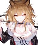  1girl animal_ears arknights artist_name bangs bare_shoulders black_choker black_jacket black_nails breasts brown_eyes brown_hair chinese_commentary choker cleavage collarbone commentary_request eyebrows_visible_through_hair fur-trimmed_jacket fur_trim hair_between_eyes highres jacket lion_ears long_hair long_sleeves looking_at_viewer medium_breasts mouth_hold nail_polish sheya siege_(arknights) signature simple_background solo tank_top upper_body white_background white_tank_top 