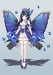 1girl absurdres bangs bare_shoulders black_hair blue_butterfly blue_dress blue_eyes blue_footwear blue_hair blue_headwear blue_nails blue_ribbon blue_wings braid breasts bug butterfly butterfly-shaped_pupils butterfly_hair_ornament butterfly_wings cleavage closed_mouth commentary_request detached_collar detached_sleeves dress full_body gradient gradient_background gradient_hair grey_background hair_ornament hair_ribbon hairlocs hat highres insect long_hair looking_at_viewer mechanical_wings multicolored_hair original pleated_dress ribbon shadow shiro_albino shoes short_hair sleeveless sleeveless_dress solo standing strapless strapless_dress striped striped_legwear symbol-shaped_pupils thighhighs twintails white_dress white_legwear white_ribbon wings wrist_cuffs 