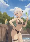  1girl :d bikini black_bikini blue_sky breasts cirilla cleavage cloud cup drinking_glass drinking_straw fence food girls_frontline gun hand_on_hip highres large_breasts looking_to_the_side navel o-ring o-ring_bottom open_mouth outdoors pale_skin pool popsicle purple_eyes rpk-16 rpk-16_(girls_frontline) short_hair silver_hair sky smile standing swimsuit thigh_strap thighs tree underboob water weapon wooden_fence 