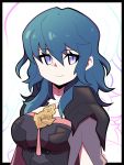  1girl artsy-rc black_border blue_hair border breasts byleth_(fire_emblem) byleth_(fire_emblem)_(female) closed_mouth commentary english_commentary eyebrows_visible_through_hair fire_emblem fire_emblem:_three_houses hair_between_eyes highres jewelry large_breasts long_hair looking_at_viewer necklace purple_eyes shoulder_armor signature slit_pupils smile solo spaulders upper_body zoom_layer 