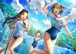  3girls ^_^ ^o^ barefoot blue_swimsuit blush brown_eyes brown_hair closed_eyes cloud collarbone day double_bun hair_intakes half_updo holding holding_hose hose jintsuu_(kantai_collection) kantai_collection long_hair multiple_girls naka_(kantai_collection) one_eye_closed open_mouth pool rainbow school_swimsuit see-through sendai_(kantai_collection) shirt short_hair short_sleeves smile swimsuit swimsuit_under_clothes two_side_up unowen water white_shirt 