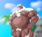  2020 anthro belly brown_body brown_fur eyes_closed fur genitals hi_res humanoid_genitalia humanoid_hands humanoid_penis kimun_kamui_(tas) male mammal moobs nipples outside overweight overweight_male penis solo tenebruzti tokyo_afterschool_summoners ursid video_games 