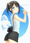  1girl :o absurdres apollo_(hu_maple) ass bare_shoulders black_hair black_shorts blue_eyes blue_sky blush bottle bow bra camera cloud commentary_request cowboy_shot from_side hair_bow highres holding holding_bottle index_finger_raised looking_at_viewer looking_to_the_side orange_bow original outside_border parted_lips ramune see-through shirt short_hair short_shorts shorts side_ponytail sidelocks sky sleeveless sleeveless_shirt solo underwear white_bra white_shirt 