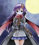  1girl blue_skirt character_request finger_to_mouth flower hair_flower hair_ornament highres holding holding_knife kirara_fantasia knife looking_at_viewer ma_tsukasa miniskirt moon night ninja purple_eyes purple_hair red_skirt skirt solo 