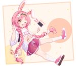  1girl ;d animal_ears bag bangs bare_shoulders black_hairband blush braid brown_background brown_eyes bunny_ears bunny_hair_ornament cellphone character_name eyebrows_visible_through_hair flower full_body hair_flower hair_ornament hairband hand_up highres kneehighs kyouka_(princess_connect!) long_hair low_twintails mimi_(princess_connect!) misogi_(princess_connect!) off-shoulder_shirt off_shoulder one_eye_closed open_mouth phone phone_with_ears pink_hair princess_connect! princess_connect!_re:dive red_footwear red_shorts setmen shirt shoe_soles shoes short_shorts short_sleeves shorts smile solo starry_background twin_braids twintails v very_long_hair white_flower white_legwear white_shirt wide_sleeves 