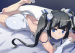  1girl ass bare_back black_hair blue_ribbon breasts butt_crack chirumakuro dress dungeon_ni_deai_wo_motomeru_no_wa_machigatteiru_darou_ka gloves hair_ribbon hestia_(danmachi) leg_up long_hair lying medium_breasts on_bed on_stomach rei_no_himo ribbon short_dress smile solo twintails very_long_hair white_dress white_gloves 