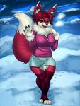  2020 3:4 5_fingers anthro big_breasts bottomwear breasts canid canine clothing digital_media_(artwork) digitigrade female fingers fox fur general-irrelevant hair hi_res jacket legwear mammal open_mouth outside red_body red_eyes red_fur red_hair regys_(carp) short_hair skirt smile snow solo standing stockings topwear 