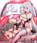  2girls azur_lane breasts brown_hair car cleavage gloves ground_vehicle hey_taishou highres large_breasts long_hair motor_vehicle multiple_girls pantyhose race_queen shoukaku_(azur_lane) shoukaku_(sororal_wings)_(azur_lane) siblings sisters sitting sitting_on_object very_long_hair white_hair zuikaku_(azur_lane) zuikaku_(the_wind&#039;s_true_name)_(azur_lane) 