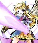  1girl blonde_hair character_request glowing glowing_sword glowing_weapon hair_bun highres holding holding_sword holding_weapon kirara_fantasia long_hair looking_down ma_tsukasa purple_eyes skirt solo sunrise_stance sword weapon yellow_skirt 