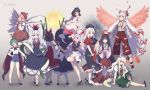  6+girls :o ;d ;p akanbe animal_ears antennae arrow_(projectile) bamboo banned_artist bird_wings black_hair blonde_hair blue_dress bow_(weapon) bunny_ears cape closed_eyes commentary detached_sleeves dress dual_persona ex-keine facing_away fiery_wings fujiwara_no_mokou full_moon gradient gradient_background green_dress green_eyes green_hair hair_tubes hajin hakurei_reimu hat horns houraisan_kaguya imperishable_night inaba_tewi japanese_clothes juliet_sleeves kamishirasawa_keine kirisame_marisa long_hair long_sleeves looking_at_viewer miko moon multiple_girls music mystia_lorelei nurse_cap one_eye_closed open_mouth pants pink_hair puffy_short_sleeves puffy_sleeves purple_hair red_eyes red_pants reisen_udongein_inaba scroll shirt short_hair short_sleeves shorts simple_background singing smile standing standing_on_one_leg suspenders tongue tongue_out touhou very_long_hair weapon white_hair white_shirt wide_sleeves wings witch_hat wriggle_nightbug yagokoro_eirin 