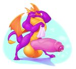  activision anthro balls big_balls big_penis blush bodily_fluids foreskin genital_fluids genitals hi_res huge_balls huge_penis hyper hyper_balls hyper_genitalia hyper_penis male muscular muscular_anthro muscular_male nude penis precum smolrainbowgoat solo spyro spyro_the_dragon video_games 