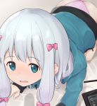  1girl all_fours ass blue_eyes blurry depth_of_field eromanga_sensei green_jacket highres izumi_sagiri jacket long_hair no_pants panties pink_panties sikutogurei_(kunugi_miyaco) silver_hair solo stylus tablet_pc underwear 