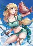  1girl ;d animal bangs bikini bikini_shorts black_gloves blonde_hair blue_bikini blue_sky blunt_bangs breasts cleavage cloud collarbone commentary_request day fingerless_gloves fire_emblem fire_emblem:_three_houses fire_emblem_heroes fishing from_below gloves gonzarez green_eyes highres holding holding_animal holding_fish ingrid_brandl_galatea leaning_forward long_hair low-tied_long_hair medium_breasts navel one_eye_closed open_mouth outdoors scales short_sleeves shorts sky smile solo splashing stomach swimsuit thigh_strap thighs very_long_hair water 