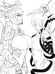  2girls angel angel_wings armor blush breast_contest breasts cow from_side gauntlets greyscale halo hands_up head_wings large_breasts maritan_(pixelmaritan) monochrome multiple_girls navel nipples original pointy_ears simple_background smile smug solid_oval_eyes spoken_animal standing sweat visor_(armor) white_background wide-eyed wings 