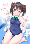  1girl 2020 ;p barefoot black_hair black_legwear blue_swimsuit blush bow bowtie breasts collarbone green_neckwear hair_bow hand_gesture highres kneehighs long_sleeves looking_at_viewer love_live! love_live!_school_idol_project one-piece_swimsuit one_eye_closed open_clothes open_shirt red_bow red_eyes seiza shirt_removed single_sock sitting sleeveless small_breasts socks solo striped striped_neckwear swimsuit tongue tongue_out twintails yazawa_nico yopparai_oni 