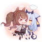  &gt;_&lt; ... 2girls angelina_(arknights) animal_ears arknights bag bangs black_legwear black_shorts blush brown_hair chibi closed_eyes dress eyebrows_visible_through_hair fox_ears from_behind grey_jacket hairband holding holding_staff hood hooded_jacket hug jacket long_hair long_sleeves multiple_girls nomier pointy_hair ptilopsis_(arknights) red_hairband shoes shorts silver_hair spoken_ellipsis staff twintails white_dress yellow_eyes 