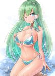  1girl ;) aqua_bikini bangs bare_arms bare_shoulders barefoot bikini blue_eyes breasts eyebrows_visible_through_hair frog_hair_ornament green_hair hair_ornament kneeling kochiya_sanae large_breasts long_hair looking_at_viewer navel one_eye_closed simple_background smile snake_hair_ornament solo stomach swimsuit tan tanline thighs touhou very_long_hair white_background y2 