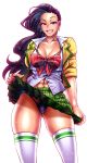  1girl abs alternate_costume ass_visible_through_thighs asymmetrical_hair black_hair breasts cameltoe chiba_toshirou earrings green_skirt highres jewelry large_breasts laura_matsuda looking_at_viewer navel panties pink_nails skirt skirt_lift smile solo stomach street_fighter street_fighter_v thigh_gap thighs thong underwear white_legwear 