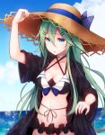  1girl adapted_costume artist_name baileys_(tranquillity650) bikini black_bikini blue_eyes blush breasts collarbone cowboy_shot day green_hair groin hair_between_eyes hat highres kantai_collection long_hair medium_breasts navel ocean parted_lips signature solo sun_hat swimsuit twitter_username water yamakaze_(kantai_collection) 