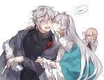  !! 1boy 2girls anastasia_(fate/grand_order) black_sweater blue_cape blush cape cheek_kiss closed_eyes fate/grand_order fate_(series) grey_hair kadoc_zemlupus kiss long_hair mash_kyrielight multiple_girls notice_lines onomatopoeia open_mouth simple_background sweater waltz_(tram) white_background wide-eyed yellow_eyes 
