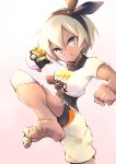  1girl amazarash1 barefoot black_bodysuit black_hairband blue_eyes bodysuit bodysuit_under_clothes clenched_hand closed_mouth collared_shirt commentary_request feet gloves grey_hair gym_leader hair_between_eyes hairband highres holding holding_poke_ball knee_pads leg_up light_frown poke_ball pokemon pokemon_(game) pokemon_swsh print_shirt print_shorts saitou_(pokemon) shirt short_hair short_sleeves shorts single_glove soles solo tied_shirt toes ultra_ball v-shaped_eyebrows 