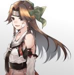  1girl bandaid bandaid_on_face bare_shoulders black_neckwear blood blush brown_eyes brown_hair detached_sleeves dirty dirty_face elbow_gloves forehead_protector gloves gradient gradient_background green_headwear hair_intakes headband highres jintsuu_(kantai_collection) kantai_collection long_hair necktie open_mouth remodel_(kantai_collection) school_uniform serafuku skirt solo torn_clothes u_yuz_xx white_serafuku 