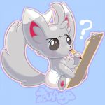  1:1 2016 ? blue_background chest_tuft clipboard diaper ear_tuft fur grey_body grey_fur hi_res holding_clipboard holding_pencil minccino nintendo pok&eacute;mon pok&eacute;mon_(species) simple_background sitting solo thinking tuft video_games zuago 