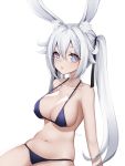  1girl animal_ear_fluff animal_ears ankkoyom bare_arms bare_shoulders bikini blue_bikini blue_eyes breasts bunny_ears cleavage hair_between_eyes hair_ornament halter_top halterneck highres large_breasts long_hair looking_at_viewer navel original parted_lips simple_background solo sparkling_eyes stomach strap_gap string_bikini swimsuit twintails white_background white_hair 