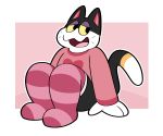  &lt;3 animal_crossing anthro birdvian clothing domestic_cat felid feline felis girly hi_res knee_socks legwear male mammal nintendo open_mouth pink_background pink_clothing pink_shirt pink_topwear punchy_(animal_crossing) shirt simple_background socks solo stockings topwear video_games 